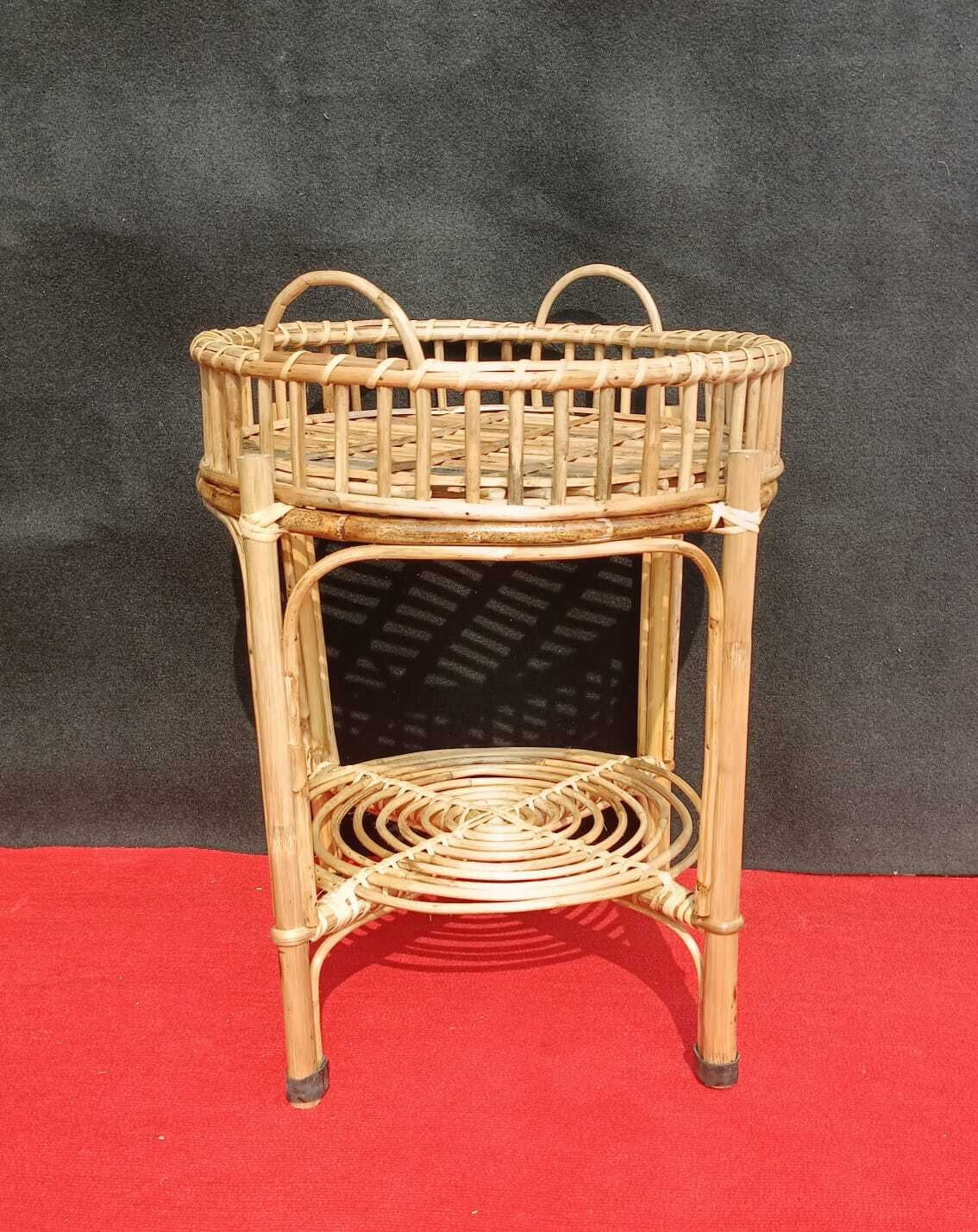 Handcrafted cane table with removable tray in brown