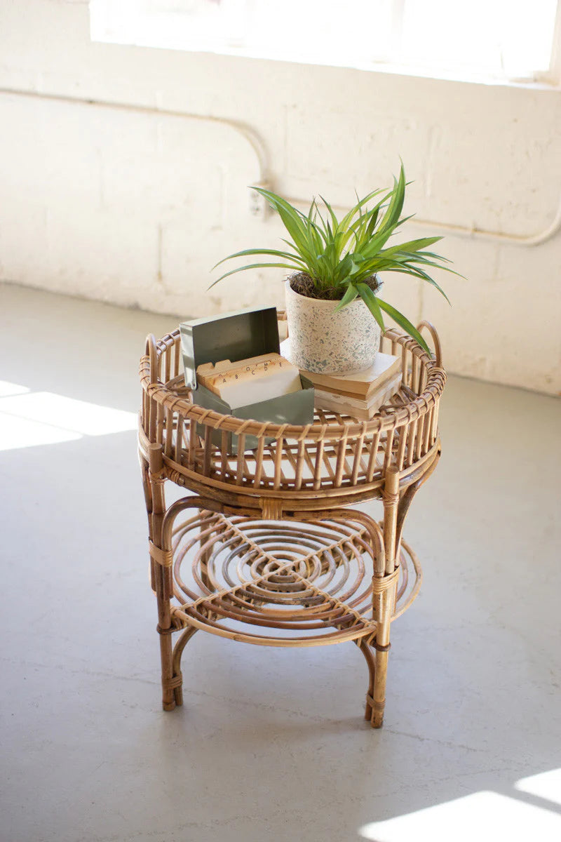 Handcrafted cane table with removable tray in brown