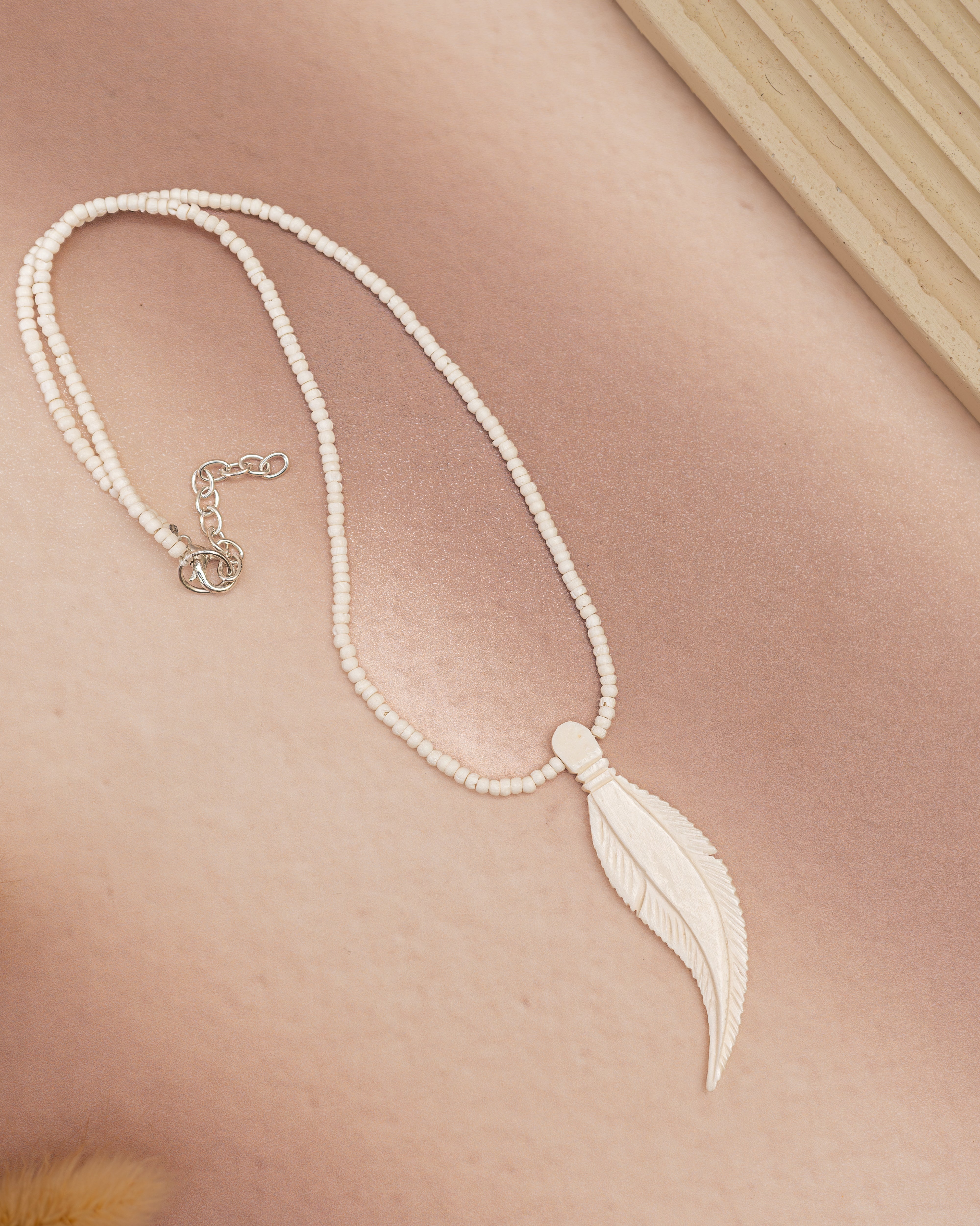 Bone Carved Feather Pendant Necklace