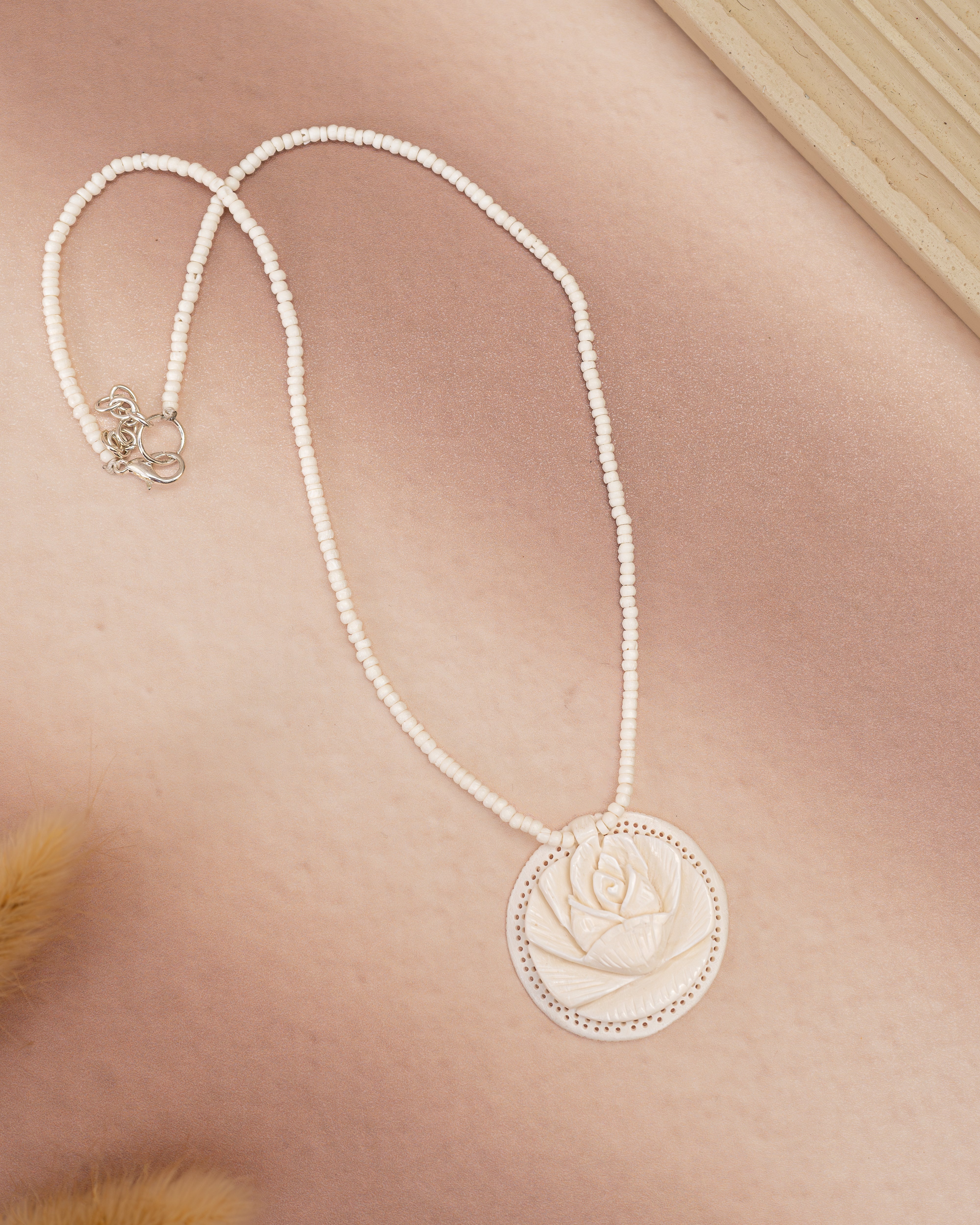 Carved Bone Rose Pendant Necklace