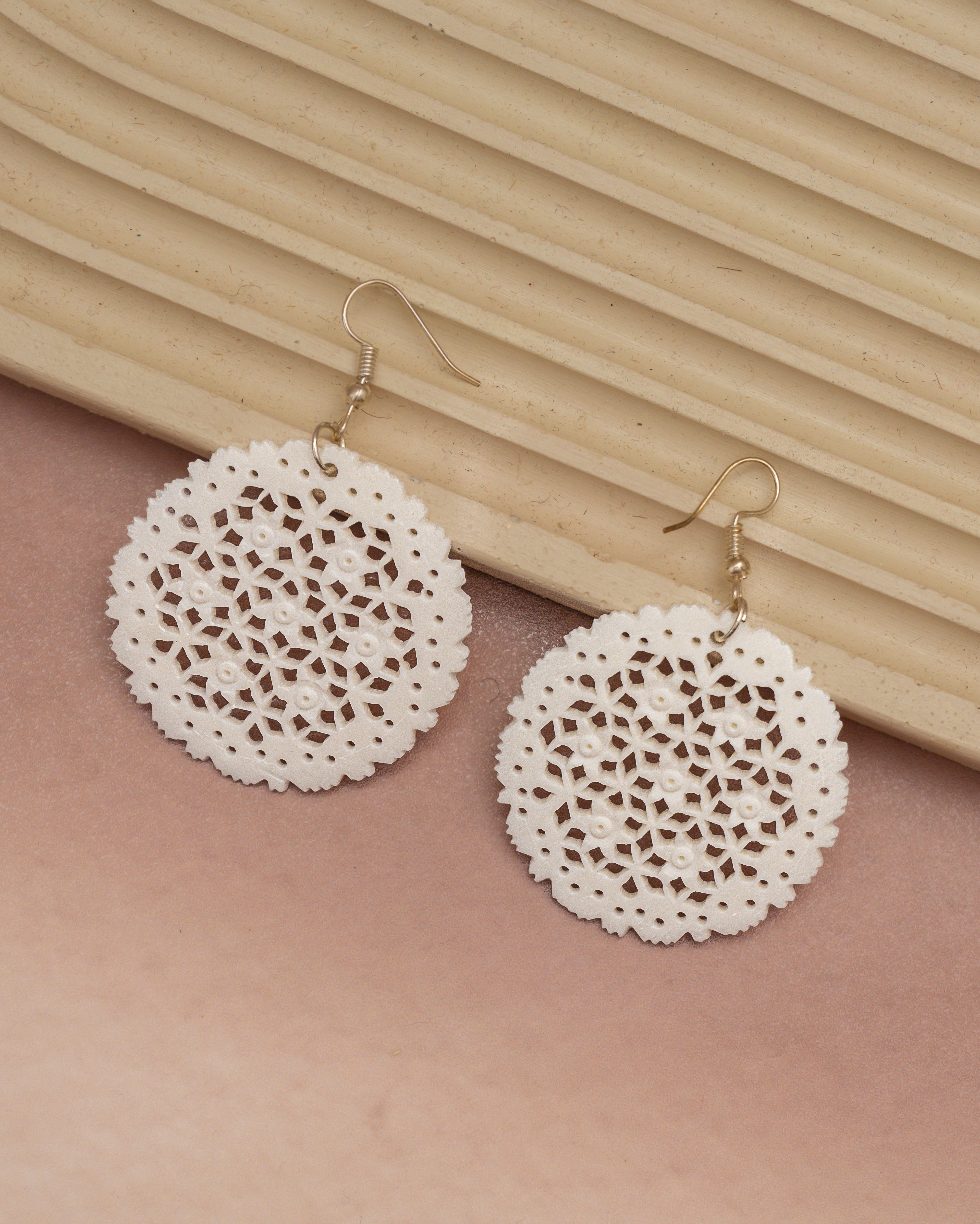 Field of Flowers Carved Bone Round Earrings – Intricate Floral Design