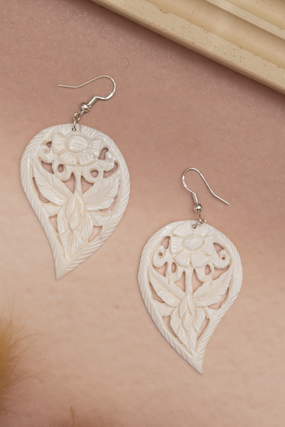 Flower Drop Dangle Bone Earrings – Handcrafted Floral Design