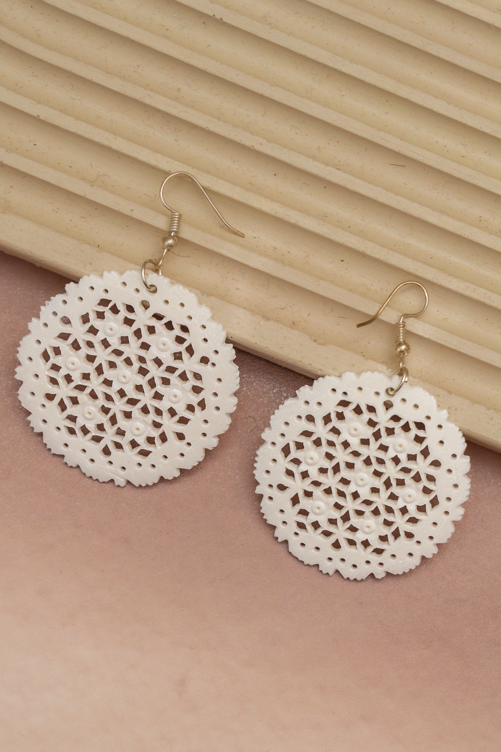 Field of Flowers Carved Bone Round Earrings – Intricate Floral Design