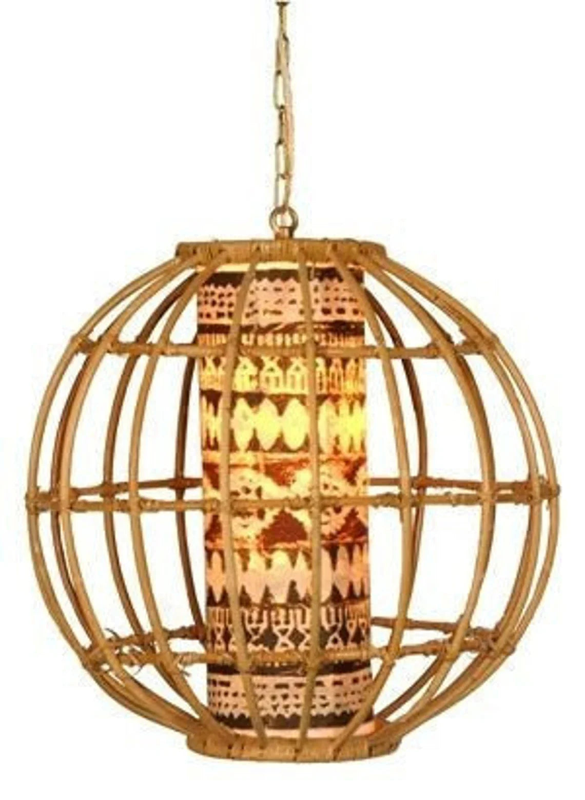  A stylish Bamboo Glow Ball Pendant Lamp hanging elegantly, showcasing its natural bamboo design and soft glow.